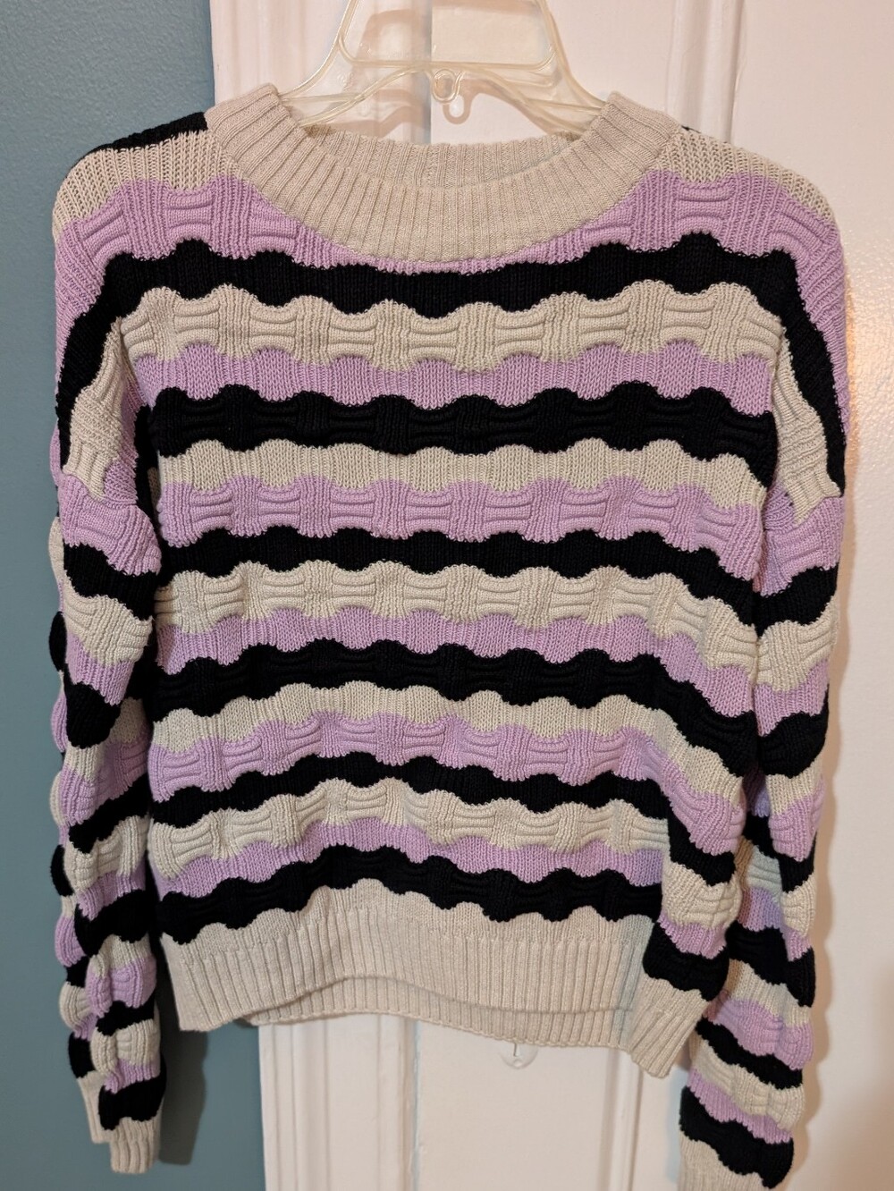 Kowtow Striped Knit Organic Cotton Memphis Sweater in Lilac, Black & Cream XS